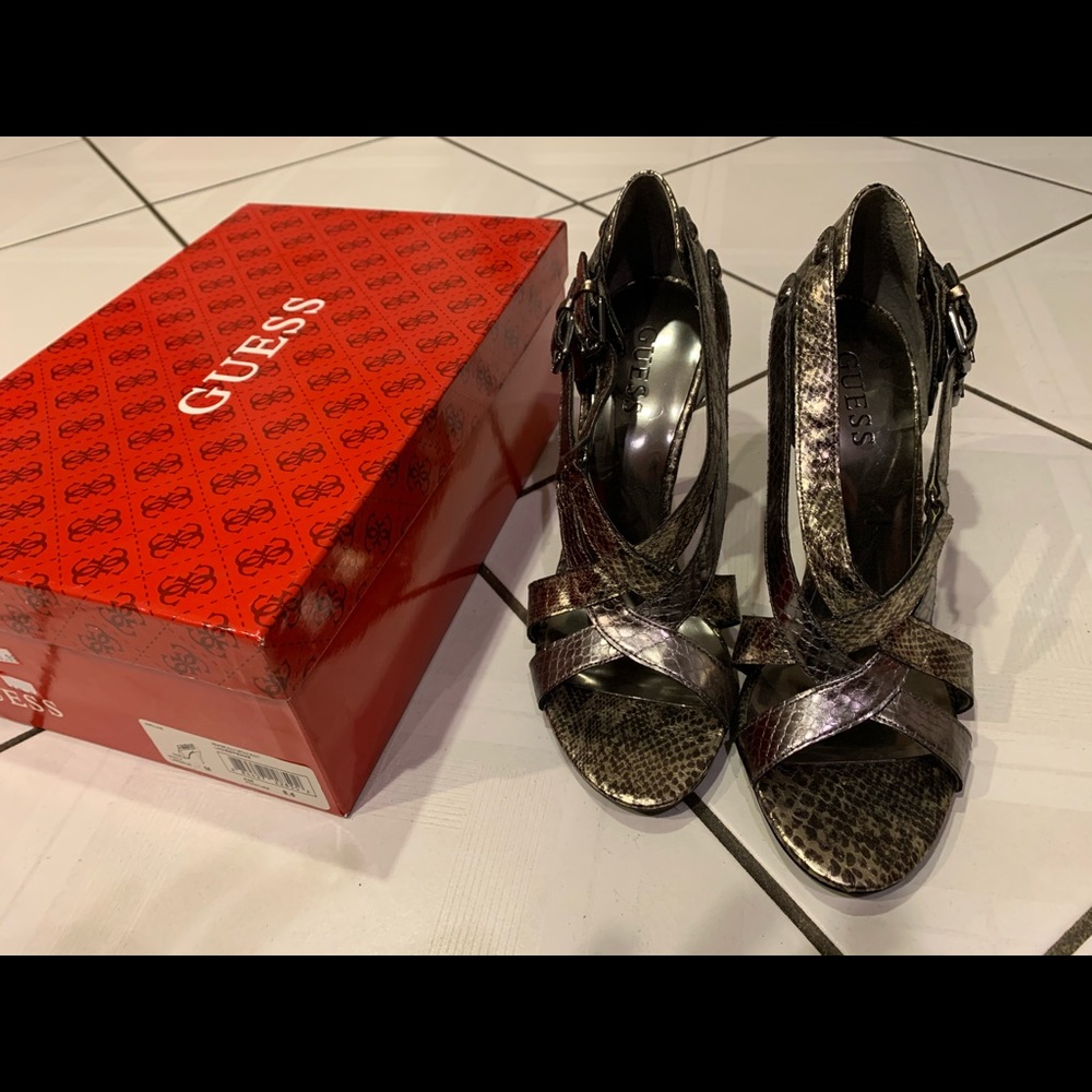 Pewter and Gold Double Buckle Guess Heels